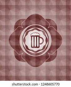 beer jar icon inside red seamless emblem with geometric pattern.