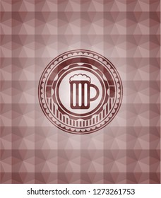 beer jar icon inside red emblem with geometric pattern background. Seamless.