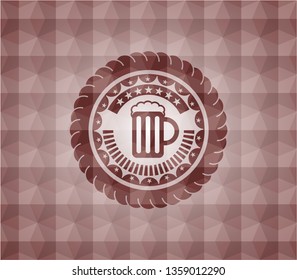 beer jar icon inside red seamless emblem with geometric pattern.