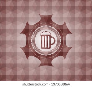 beer jar icon inside red emblem with geometric pattern background. Seamless.