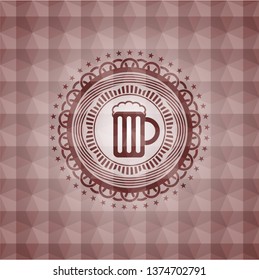 beer jar icon inside red seamless emblem or badge with abstract geometric polygonal pattern background.