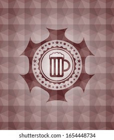 beer jar icon inside red emblem with geometric background. Seamless.