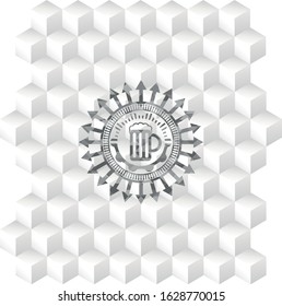 beer jar icon inside retro style grey emblem with geometric cube white background