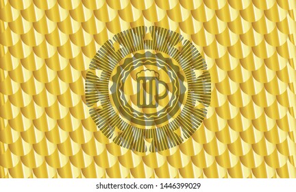 beer jar icon inside shiny golden emblem. Scales pattern. Vector Illustration. Detailed.
