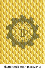 beer jar icon inside shiny golden badge. Scales pattern. Vector Illustration. Detailed.