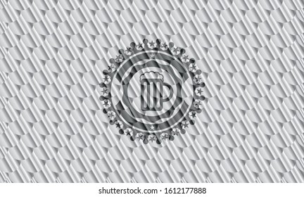 beer jar icon inside silver shiny emblem. Scales pattern. Vector Illustration. Detailed.