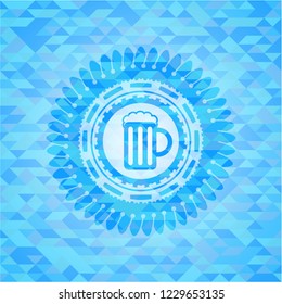 beer jar icon inside sky blue mosaic emblem