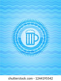 beer jar icon inside sky blue water badge.