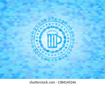 beer jar icon inside sky blue emblem. Mosaic background