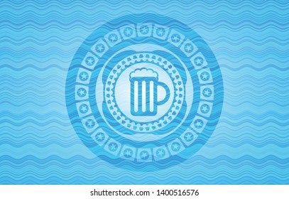 beer jar icon inside water wave representation badge.