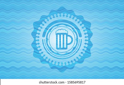 beer jar icon inside water wave badge.
