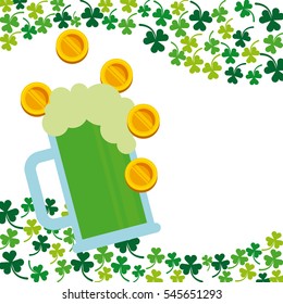 beer jar and money coins over clovers and white background. Saint Patricks Day concept. colorful design. vector illustration