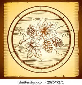 beer keg with Bunch hop for label, package. oak barrel