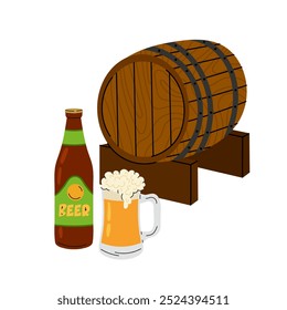 Barril de cerveja. Garrafa de vidro de cerveja. Um copo de bebida alcoólica. Um barril de madeira para guardar a bebida. Beba em forma de chapa em fundo branco.