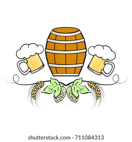 Beer keg, glass mug, hops and barley objects to the Oktoberfst autumn festival in Germany.