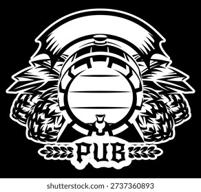 Beer keg and hop cones with an empty banner for text in a classic pub or brewery emblem style.