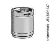 Beer keg isolated, metal barrel on the white background. Monochrome graphic vector illustration