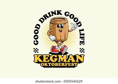 beer keg retro cartoon funny character vector illustration with walking pose and showing thumbs up hand for brewery, food and beverage mascots and sticker and apparel design elements 