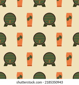 Beer keg seamless pattern. Beer keg with mug in retro color. Glass of beer in flat design. Retro design for print on fabric, wrapping paper, packaging, wallpaper. Vector illustration