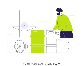 Beer kegs abstract concept vector illustration. Factory worker checking stainless steel beer kegs in warehouse, alcohol brewing process, drink manufacturing industry abstract metaphor.