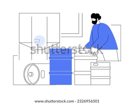 Beer kegs abstract concept vector illustration. Factory worker checking stainless steel beer kegs in warehouse, alcohol brewing process, drink manufacturing industry abstract metaphor.