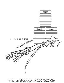 Beer kegs, ears of wheat and hops. Vector illustration in a modern line style.