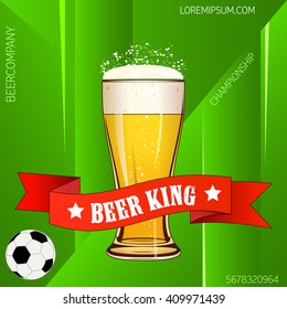 Beer King ribbon text. Poster beer glass mug foam bubble over geometrical background vector illustration, isolated. Beer . Pub bar beer banner. Beer party poster. Good as a template of advertisement. 