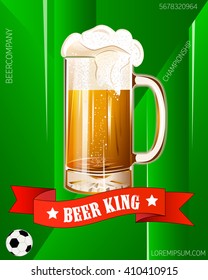 Beer King ribbon text. Poster beer glass mug foam bubble over geometrical background vector illustration, isolated. Pub bar beer banner. Good as a template of advertisement. 