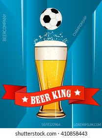 Beer King ribbon text. Poster beer glass mug foam bubble over geometrical background vector illustration, isolated. Beer party poster. Good as a template of advertisement. 