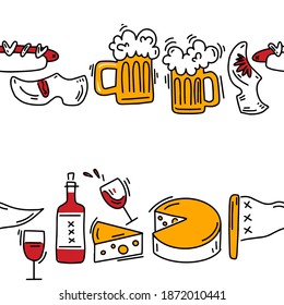 Beer, Klomps, Dutch Cheese, Amsterdam Flag, Hot Dog And Wine. Hand Drawn Pattern In Doodle Style. Vector Image, Clipart, Editable Details.