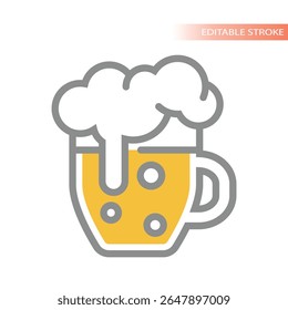 Ícone de vetor de linha de caneca de cerveja ou stein. Vidro de cerveja tankard colorido com espuma e líquido amarelo.