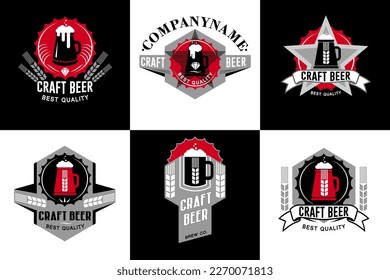 Beer label badges. Beers brewery, lager bottle badge and emblem. Tavern alcohol logo, alcohol beverage advertisement sticker.