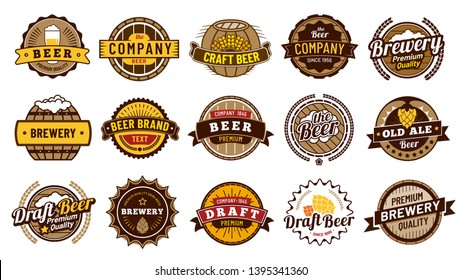 Beer label badges. Retro beers brewery, lager bottle badge and vintage beer emblem isolated vector illustration set