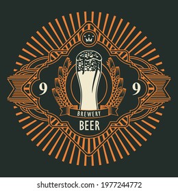 Beer label or banner with overflowing glass of frothy beer, ears of wheat in an ornate frame with rays on a black background. Vector emblem, sticker or badge in retro style for brewery, bar, pub