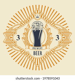 Beer label or banner with overflowing glass of frothy beer, ears of wheat and ornate frame with rays on a light background. Vector emblem, sticker, badge, tag in retro style for brewery, pub, bar