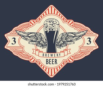 Beer label or banner in retro style with overflowing glass of frothy beer, wings, ribbon in an ornate frame isolated on a black background. Vector emblem, sticker, tag or badge for brewery, bar, pub