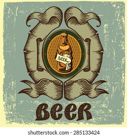 Beer label for brasserie restaurant with beer bottle.Vintage style.