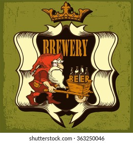 Beer label for brasserie restaurant .Beer label contains images of coat of arms with cartoon men  and beer bottles.Vintage style.