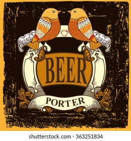 Beer label for brasserie restaurant with beer  label and couple of birds. Beer contains images of coat of arms and couple of bird on vintage background.