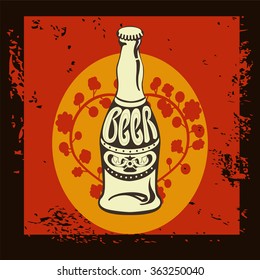 Beer label for brasserie restaurant with beer glass.Beer label contains images of beer bottle and garland in heart shape  on vintage background. Vintage style.
