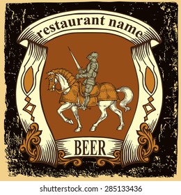 Beer label for brasserie restaurant with knight.Vintage style.