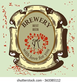 Beer label for brasserie restaurant with beer mug and blossom heart. Beer label design for Valentine's Day contains images of ribbons,beer mug and blossom heart on vintage background.