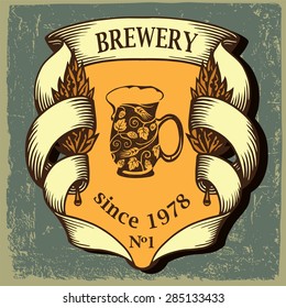 Beer label for brasserie restaurant with beer mug.Vintage style.