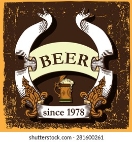 Beer label for brewery with beer mug and ribbon.Vintage style.