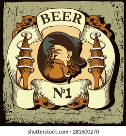 Beer label for brewery with old sea man .Vintage style.