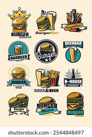 Bieretikett. Burger-Symbol. Logo der Leiste. Vintage Fast Food Design. Burgers House Retro Restaurant Briefmarke. Grafische Fleischkarte und Café-Schild. Pommes frites Kartoffel und Hamburger. Ein Pint-Kneipensymbol. Vektorabzeichen-Set