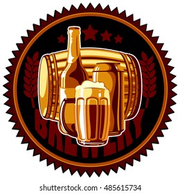 beer label depicting mugs, bottles and barrels