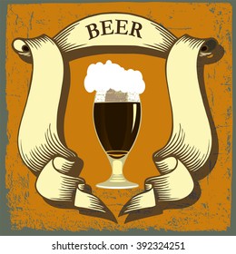 Beer label design. Beer label for brasserie restaurant with beer glass and ribbon on vintage background.Vintage style.