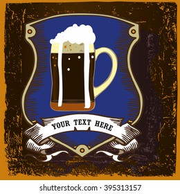 Beer label design with coat of arms and dark beer mug.Beer arms contains images of beer mug,ribbons and text on vintage background.Vintage style.