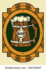 Beer label design contains images of old wood beer mug,beer label pattern,place for text. Beer label. Vintage style.